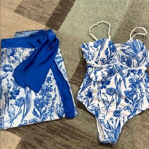 Floral Blue and White One-Piece Swimsuit